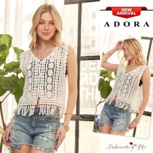 ADORA Fringe Hem Openwork Sleeveless Button Down Crochet Vest Cardigan | Ivory